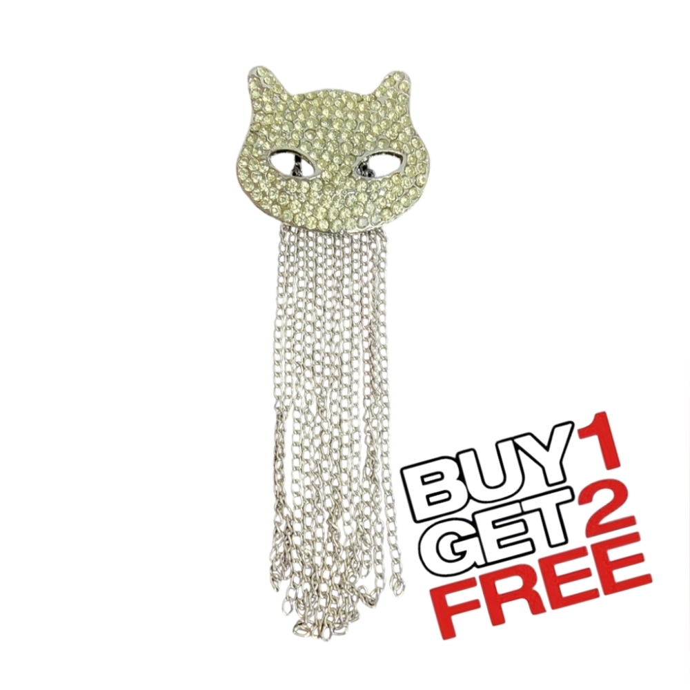Silvertone Rhinestone Cutout Cat Face Head With Tassel‎ Brooch Pin